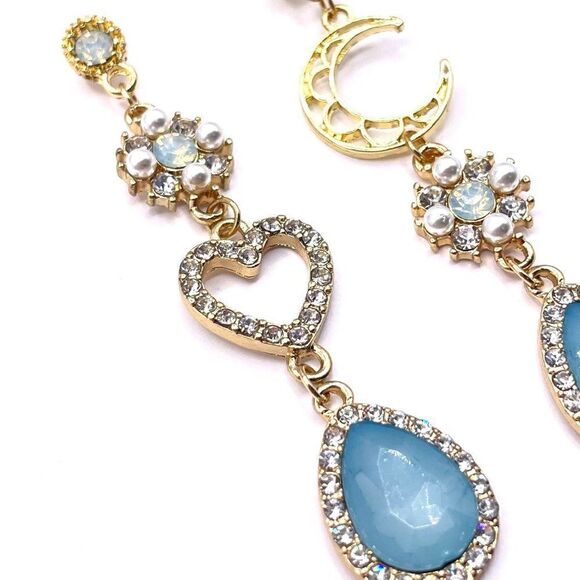 Yellow Gold with Blue and White Crystal Heart Moon Mismatch Post Back Earrings - Picture 3 of 7